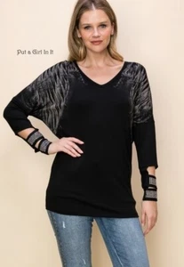 New VOCAL Womens BLACK CRYSTAL CUT OUT ANGEL WINGS SHIRT S M L XL 1X 2X 3X USA - Picture 1 of 8