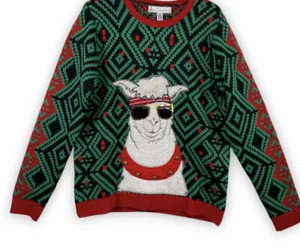 Jolly Pullover Weihnachtspullover Herren Large Grün Glocken Cool Lama Urlaub - Bild 1 von 9