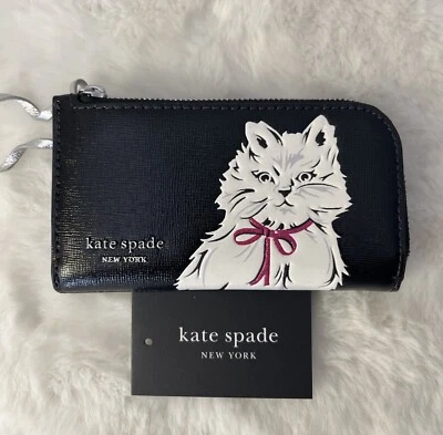 Nuevo KATE SPADE Bigotes Gato Cuero Saffiano Cartera Cremallera Negro Foto 1 de 4