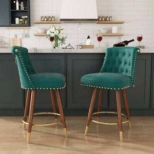 24" Velvet Counter Height Bar Stools Swivel Bar Stools Set of 2 Wood Legs Green - Picture 1 of 5