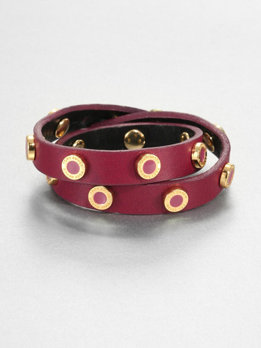 Tory Burch Bracciale in pelle rivettato doppio avvolgimento rosso (Merlot) nuovo con etichette
