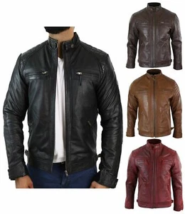 Chaqueta Hombre 100% Cuero Auténtico Estilo Motero Retro Cuero Suave Casual - Imagen 1 de 23