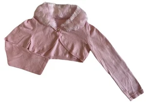 Blumenmädchen kurzer Bolero Cardigan Achselzucken Wickel Kunstfellausschnitt elfenbein rosa 1-2 Jahre - Bild 1 von 4
