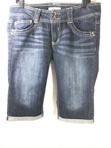 CANDIE'S KNEE HIGH WOMENS SHORTS SIZE 11 JEANS LOW RISE FADED FLEUR DE LIS EMBRO - Picture 1 of 12