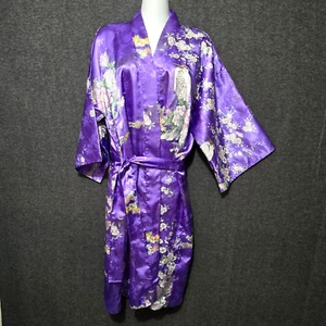 Juguemm japanischer Kimono Morgenmantel Damen 42" Satin Polyester lila Kranich Blumen - Bild 1 von 10