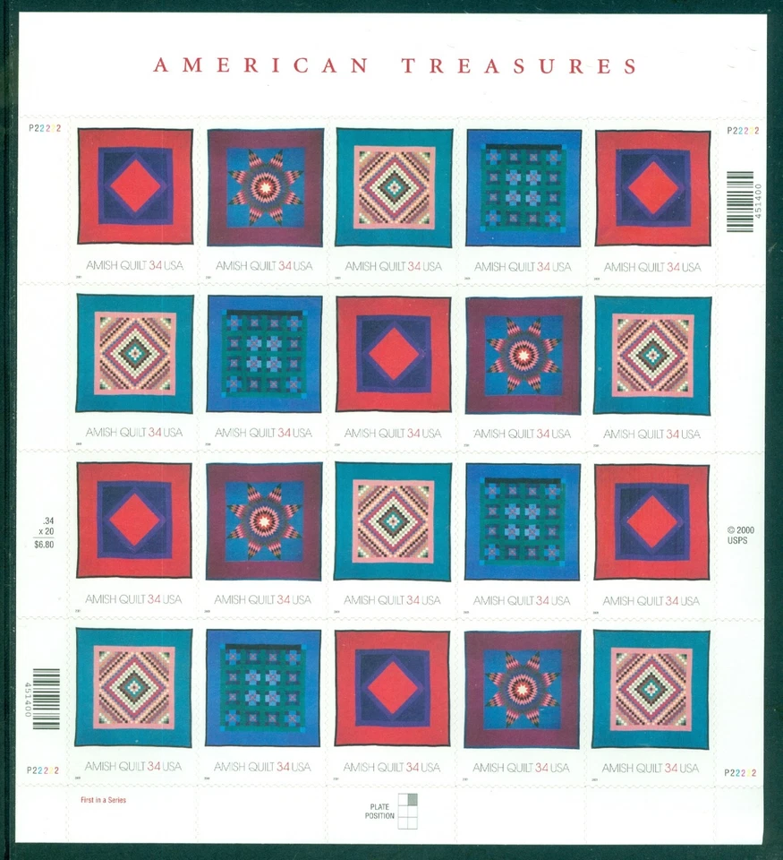 US 3524-3527 American Treasurers, Quilts,  Complete Sheet/20, Mint NH - Image 1 of 1