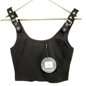 White Fox Ribbed Crop Top Womens S Buckle Shoulders Black Good Choices - Picture 1 of 18