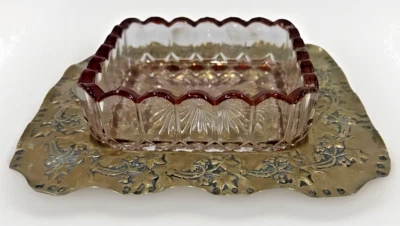 Antique Glass Sauce Dish Ruby Stained with Embossed / Stamped Silver Plate Stand - Image 1 of 4