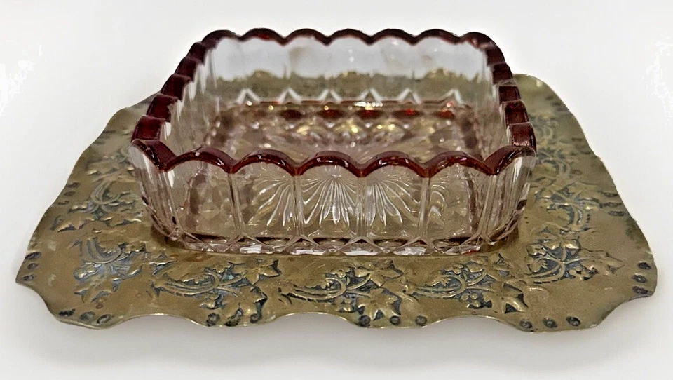 Antique Glass Sauce Dish Ruby Stained with Embossed / Stamped Silver Plate Stand - Image 1 of 4