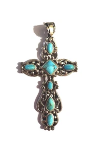 "Colgante grande cruz turquesa oxidada ornamentada plata de ley .925 aproximadamente 1""x2""" - Imagen 1 de 3