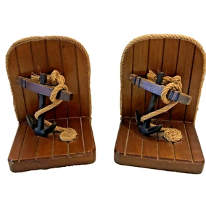 Vintage Nautical Coastal Ship Iron Anchor Rope Wooden Bookends Set 2 Felt Bottom - Picture 1 of 9