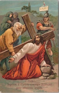 UNPOSTED RELIGIOUS POSTCARD - Simon of Cyrene Helps Jesus Carry the Cross - Picture 1 of 2