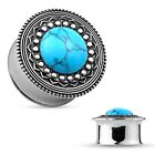 Flesh Tunnel Ear Plug Piercing Double Flared 316L Steel Inlay Turquoise Antique New
