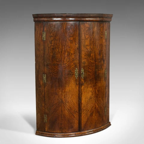Antique Corner Cupboard, English, Oak, Bow Front, Hanging Cabinet, Georgian Cover