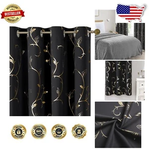 84" Grommet Blackout Curtains in Black and Gold - Noise Reducing Drapes Set - Picture 1 of 10
