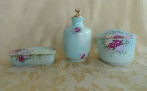 3 Pcs Antique Haviland Limoges Green W Red/Pink Roses W/ Gold Gilt Bottle/Boxes - Picture 1 of 12