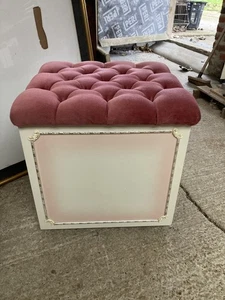 Vintage White Vanity Dressing Table Stool Pink Velvet Button Top Storage Wheels - Picture 1 of 6