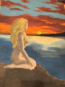 Nackte Dame am Ozean Strand Felsen ungerahmtes Gemälde von Tri Chem 18 x 24 Zoll - Bild 1 von 4