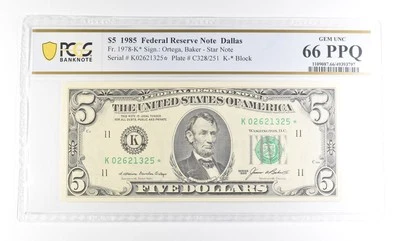 1985 $5 Dallas TX FRN Star Note Fr#1978-K* Gem Unc 66 PPQ PCGS *2919 - Image 1 of 3