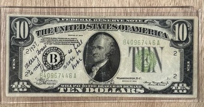 1934 $10 TEN DOLLARS FEDERAL RESERVE NOTE CHRISTMAS GIFT FOR HUSBAND MONEY - Image 1 of 4