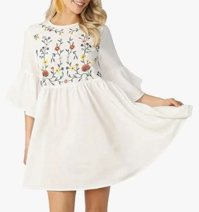 Damen weißes Blumen Kleid Medium Stickerei fließend locker Boho Sommer Glockenärmel - Bild 1 von 20