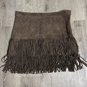 Ralph Lauren 10 Genuine Leather Suede Mocha Brown Fringe Zip Mini Skirt Western - Picture 1 of 10