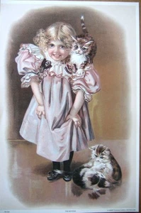 art print~THE KITTENS~Victorian happy Little Girl with cats vtg repro 9.5x14.5 - Picture 1 of 1