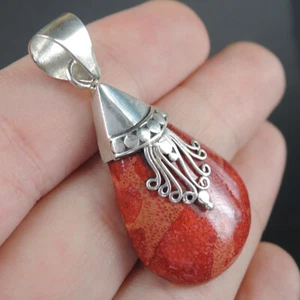 925 Sterling Silver Small Teardrop Natural Red Coral Pendant Jewellery, RCP-268 - Picture 1 of 6