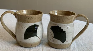 Studio Pottery Coffee Tea Mugs Set Of 2 Ginkgo Leaf Hand Painted 4.5”X 3” Signed - Picture 1 of 9
