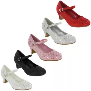 Diamante Glitter Wedding Party Shoes Bridesmaids Kids Girls Mary Jane Low Heels - Picture 1 of 25