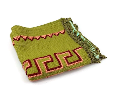 Vintage 1970s Avocado Green Table Runner - Retro Woven Boho Tablecloth Greek Key - Image 1 of 4