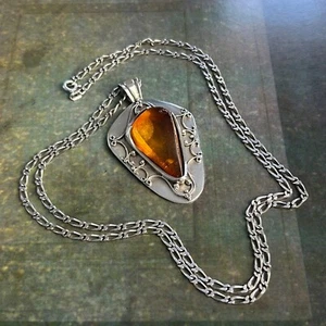 Großer klobiger Bernstein-Anhänger Statement-Kette Halskette Sterlingsilber 925 29 Zoll 34 g - Bild 1 von 17