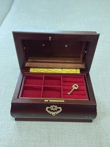 2 Tier Wood Jewelry Box With Key Red Velvet Interior - Picture 1 of 13