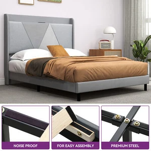 Bed Frame Queen Upholstered Platform w/ Storage Linen Headboard+Type-C&USB Ports - Picture 1 of 12