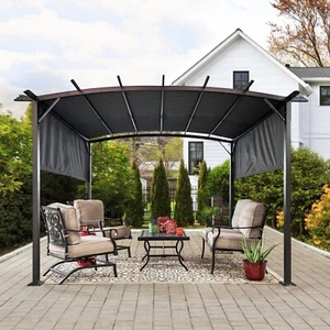 12x9 Ft Outdoor Pergola Patio Gazebo, Retractable Canopy, Steel Frame - Picture 1 of 7