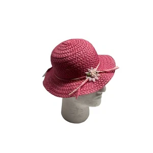 New Girls OSFM Pink Straw Hat Flower on Brim - Picture 1 of 5