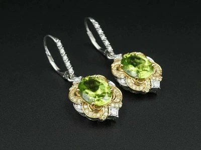 4 CT Oval Cut Created Peridot Diamond Drop Dangle Earrings 14K White Gold Plated - Image 1 of 4
