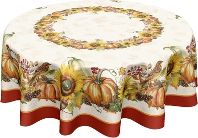 KAWANI Autumn Harvest Round Tablecloth 60 Inch Fall Thanksgiving Pumpkins Sunflowers