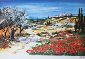 ELLA FORT Flowering fields LITHOGRAPH #d HAND SIGNED French flower field art 30" - Picture 1 of 15