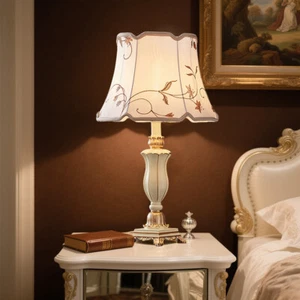 Traditional Fabric Shade Desk Lamp Retro Resin Bedside Night Light in White - Picture 1 of 9