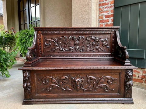 Antique French Hall Bench Chair Settee Renaissance Revival Carved Oak 19th c Cover