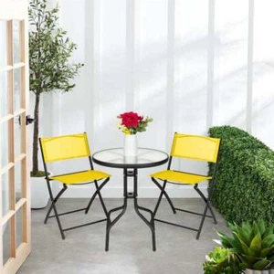 Yellow Metal 3-Piece Outdoor Patio Bistro Set with Textured Glass Table Top, Fol - Picture 1 of 7