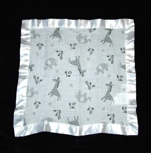 Lulujo Gray White Elephant Giraffe Muslin Baby Blanket Satin Trim Lovey 16x17" - Picture 1 of 1