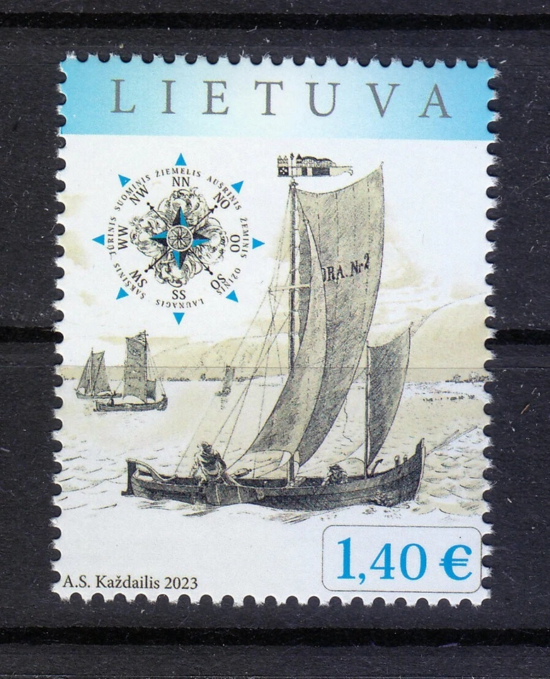 Lituania 2023 MNH Historia marítima de Lituania. Rosa del viento. Barcaza ** Foto 1 de 1