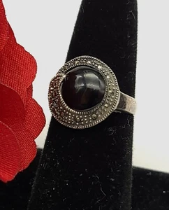 VTG Black Onyx & Marcasite Sterling 925 Silver Ring Size 6 .75 Swirl Statement - Picture 1 of 4