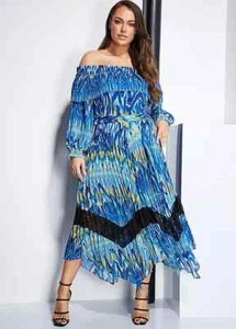 Size 12 Julien Macdonald Blue Print Bardot Pleated Lace Trim Chiffon Midaxi Dres - Picture 1 of 8