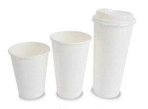 100 x 7oz/8oz/12oz/16oz White Paper Coffee Cups With or Without White Sip Lids