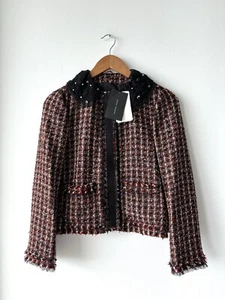 Zara Woman Bloggers Black Red Tweed Jewel Pearl Collar Blazer XS NWT MSRP $149 - Picture 1 of 15