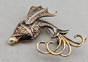VTG Flying Fish Brooch Damascene Filigree Gold Silver Tone Koi Fish Pin - Picture 1 of 5