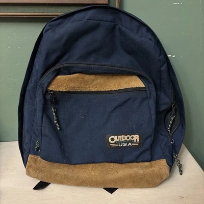 Mochila de cuero azul vintage de productos al aire libre hecha en EE. UU. Mochila de día de senderismo Foto 1 de 4